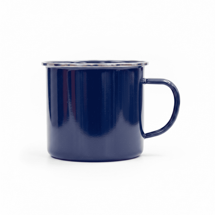The Murray 500ml Mug - A drink bottle featuring a navy blue enamel finish with a sturdy handle and a classic design. It includes a logo.