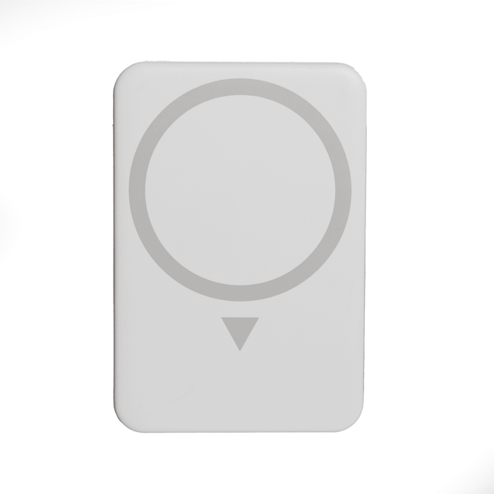 The Mason Wireless Charging Powerbank 5000mAh - A white wireless charging power bank featuring a circular design and a directional indicator. It has a logo on the surface.