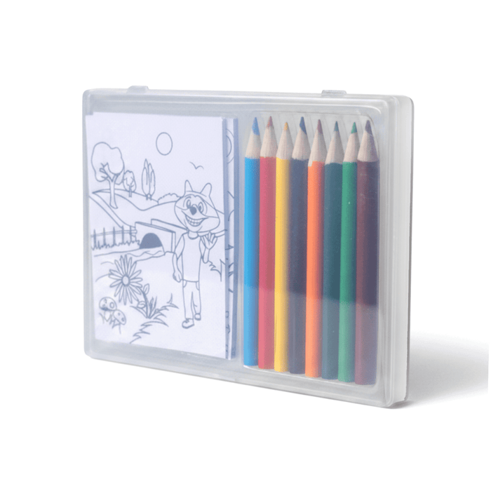 The Sketch Set - A sketch set containing coloured pencils in various colours and a notepad with a cartoon drawing. The set is in a clear case.