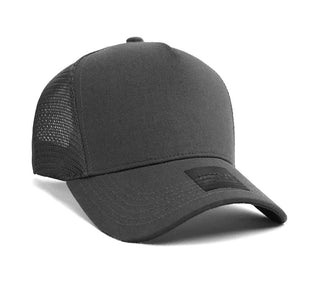 Cotton/Mesh - A grey cap made of cotton and mesh, featuring a solid front and mesh panels at the back. Includes a logo.