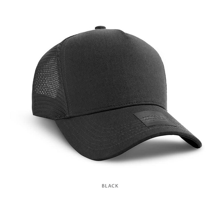 Cotton/Mesh - A black cotton and mesh cap featuring a logo and a structured design.