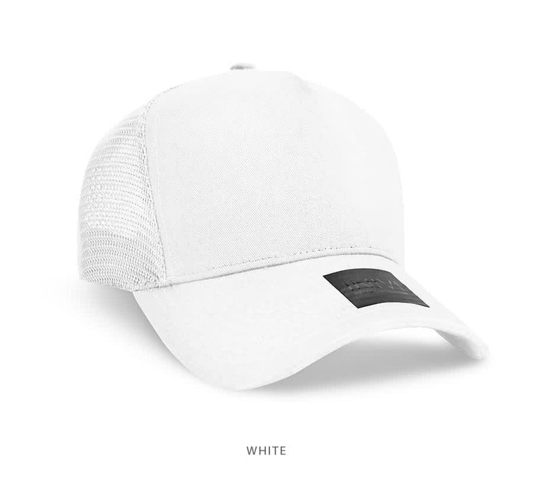 Cotton/Mesh - A white cap featuring a mesh back and a logo on the front.