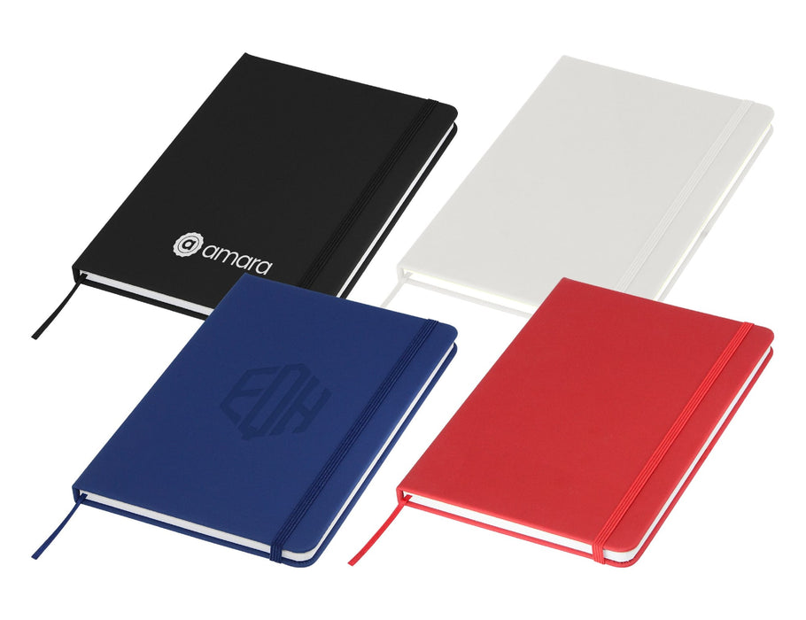 Essentials A5 Notebook - An A5 notebook in black, white, red, and navy, featuring a logo on the cover. Includes a ribbon bookmark.