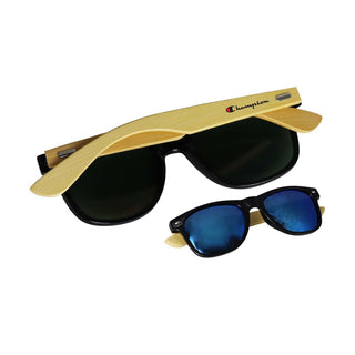 Sunglasses Bamboo (Coated) - A pair of sunglasses featuring bamboo-coated arms and dark lenses, with an additional smaller pair in blue and black.