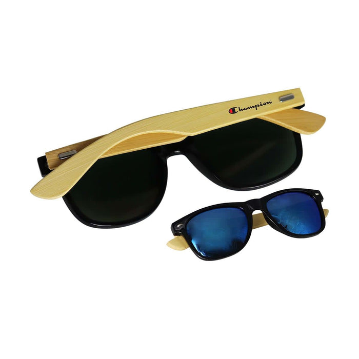Sunglasses Bamboo (Coated) - A pair of sunglasses featuring bamboo-coated arms and dark lenses, with an additional smaller pair in blue and black.