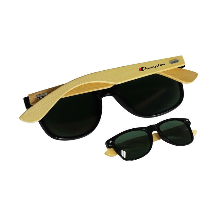 Sunglasses Bamboo (Uncoated) - Bamboo frame sunglasses with black lenses, featuring a logo. Another smaller pair in the foreground.