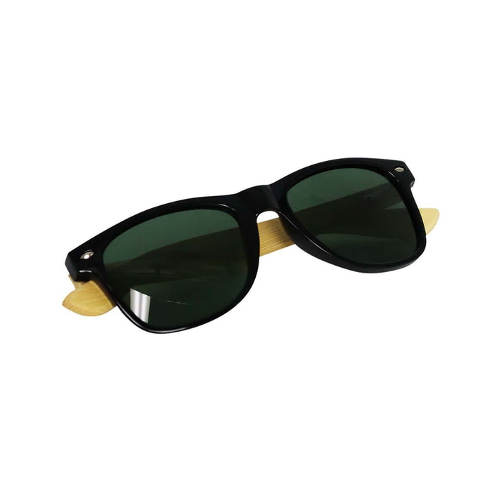 Sunglasses Bamboo (Uncoated) - Sunglasses with black frames and green lenses, featuring bamboo accents. Includes a logo on the frame.