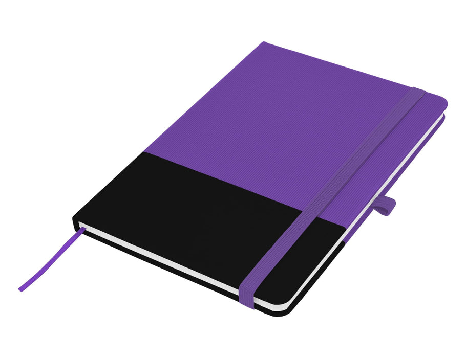 Designa Breeze A5 Notebook - A purple and black A5 notebook with an elastic band closure and a ribbon bookmark, featuring a logo.