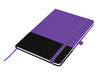 Designa Breeze A5 Notebook - A purple and black A5 notebook with an elastic band closure and a ribbon bookmark, featuring a logo.