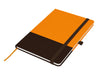 Designa Breeze A5 Notebook - An orange and brown A5 notebook with a ribbon bookmark and an elastic band closure. Features a logo on the cover.