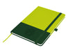 Designa Breeze A5 Notebook - A vibrant green and lime A5 notebook featuring an elastic band and a logo on the cover.