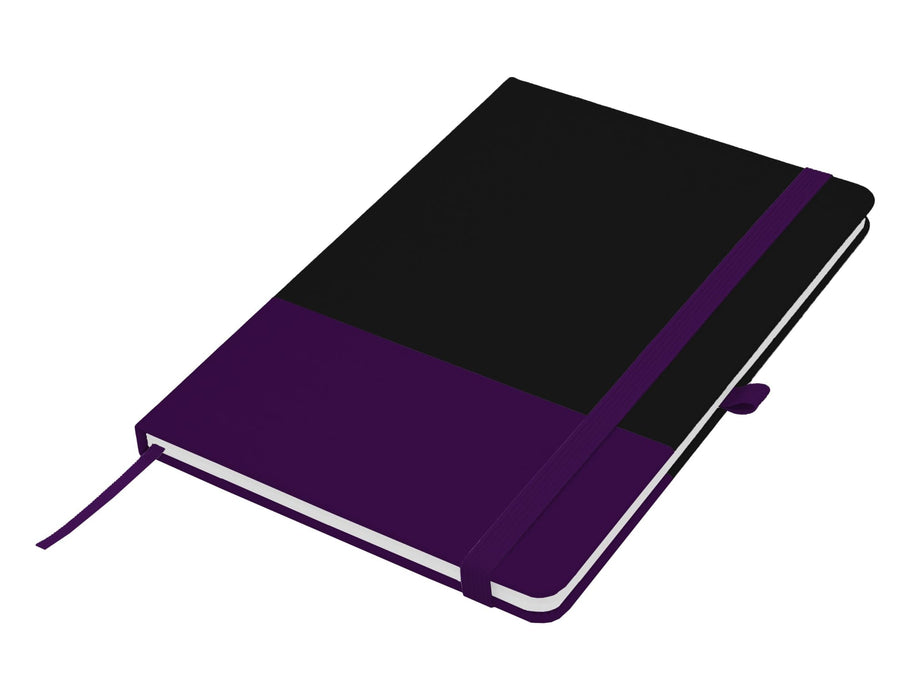 Designa Breeze A5 Notebook - A purple and black A5 notebook with an elastic closure and a ribbon bookmark, featuring a logo on the cover.