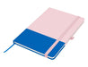 Designa Breeze A5 Notebook - A pink and blue A5 notebook with a ribbon bookmark and an elastic closure. It features a branding logo.
