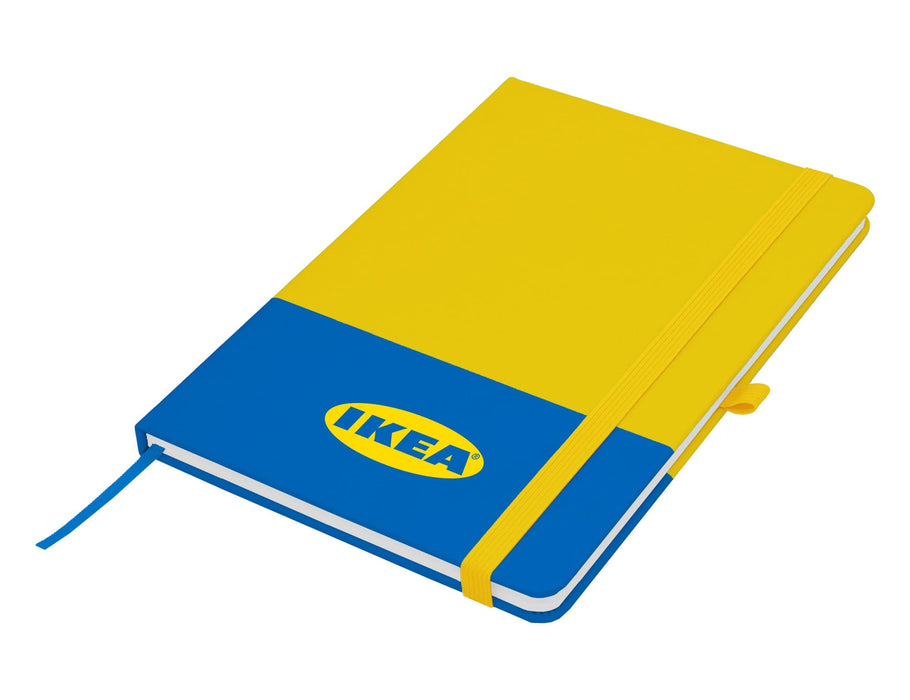 Designa Breeze A5 Notebook - A blue and yellow A5 notebook with a logo and an elastic band closure. It features a ribbon bookmark.