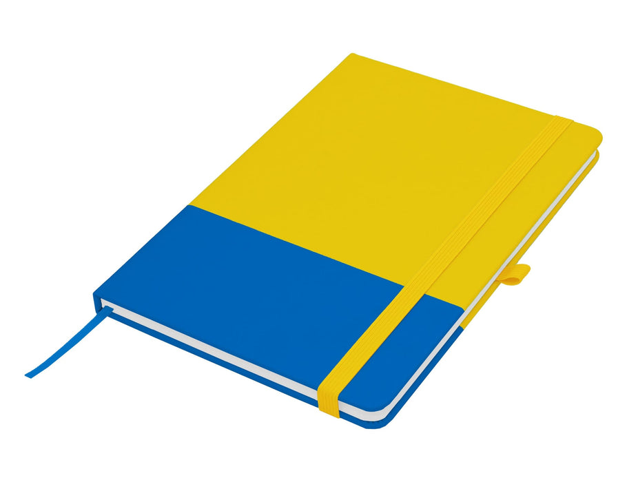 Designa Breeze A5 Notebook - A blue and yellow A5 notebook with a ribbon bookmark and an elastic closure, featuring a logo on the cover.