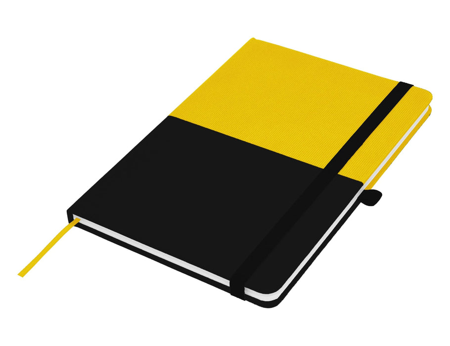 Designa Symphony A5 Notebook - A notebook in black and yellow design, featuring an elastic band and a ribbon marker. Includes a logo on the cover.