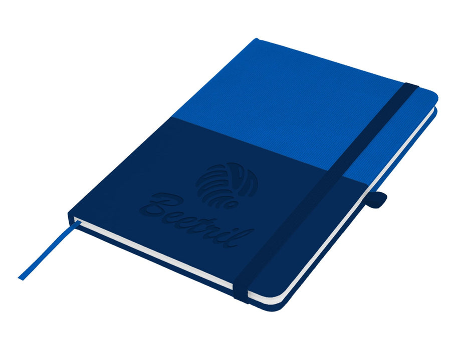 Designa Symphony A5 Notebook - A blue A5 notebook featuring a two-tone design and an elastic closure, with a logo on the cover.