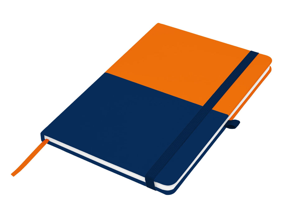 Designa Symphony A5 Notebook - A navy blue and orange A5 notebook with a ribbon bookmark and an elastic closure, featuring a logo on the cover.