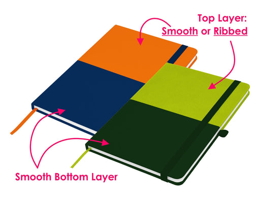 Designa Symphony A5 Notebook - A notebook featuring a smooth or ribbed top layer and a smooth bottom layer, available in orange, navy, green, and black.