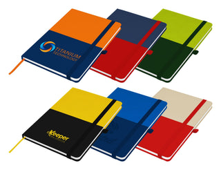 Designa Symphony A5 Notebook - A set of Designa Symphony A5 Notebooks in various colours, featuring elastic bands and logos on the covers.