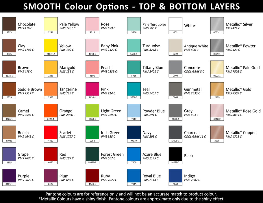 Designa Symphony A5 Notebook - A colour chart displaying various options for the Designa Symphony A5 Notebook, featuring smooth and metallic shades.