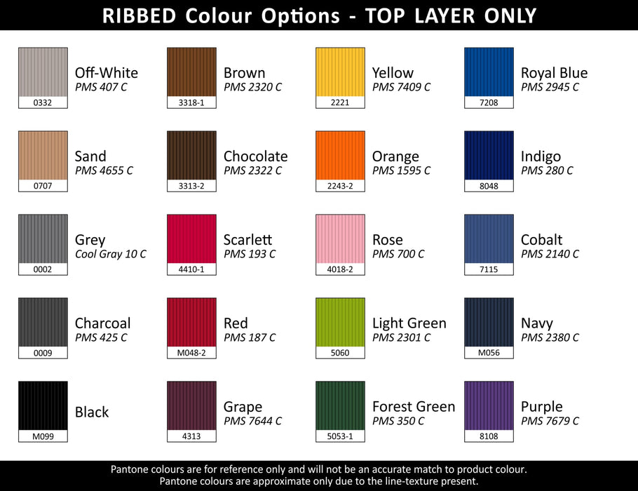 Designa Breeze A5 Notebook - A colour chart displaying ribbed options for a product, featuring various shades like Off-White, Brown, Royal Blue, and more.