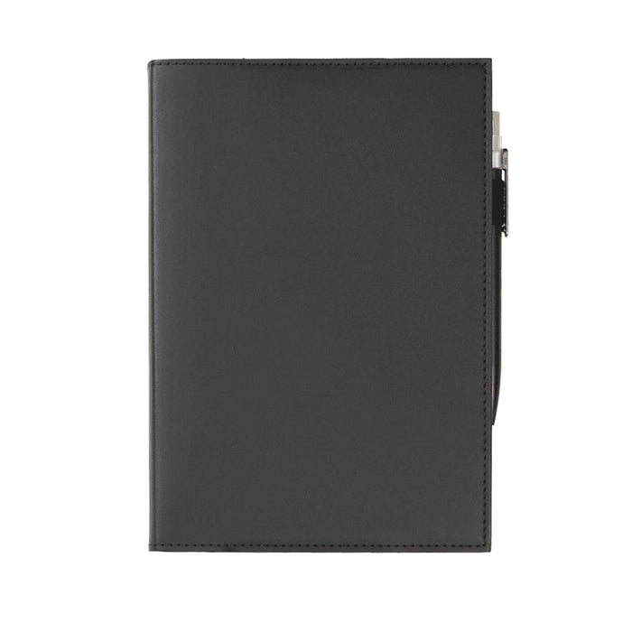 Mela Apple Leather Refillable Journal - A black leather refillable journal with a sleek design and a silver pen holder on the side, featuring a logo.