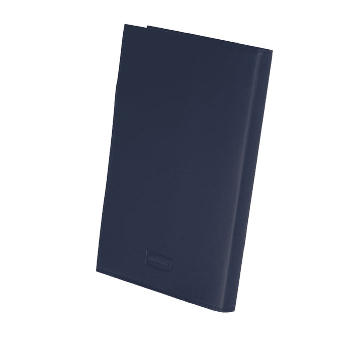 Mela Apple Leather Refillable Journal - A navy blue refillable journal with a smooth leather cover and a logo on the front.