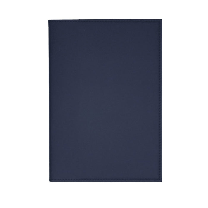 Mela Apple Leather Refillable Journal - A navy blue refillable journal with a smooth leather cover and branding. Ideal for office and business use.