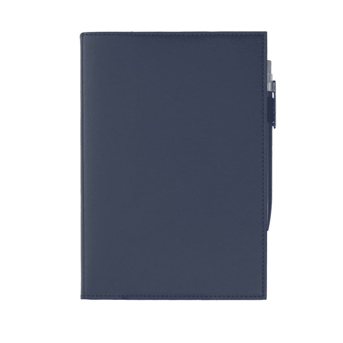 Mela Apple Leather Refillable Journal - A navy blue Mela Apple Leather refillable journal with a pen holder and a logo on the cover.