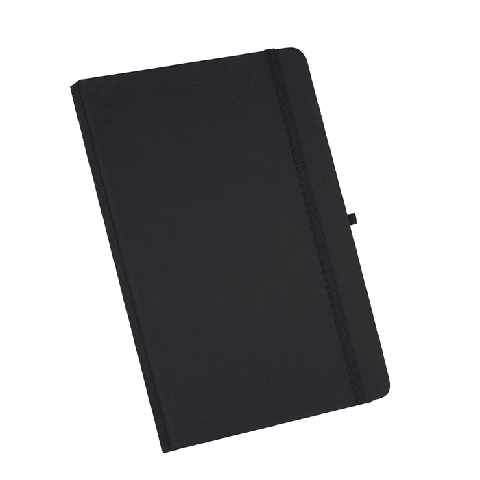 Recycled Spectrum A5 JournalBook - A black A5 journal with an elastic band closure and a logo on the cover.