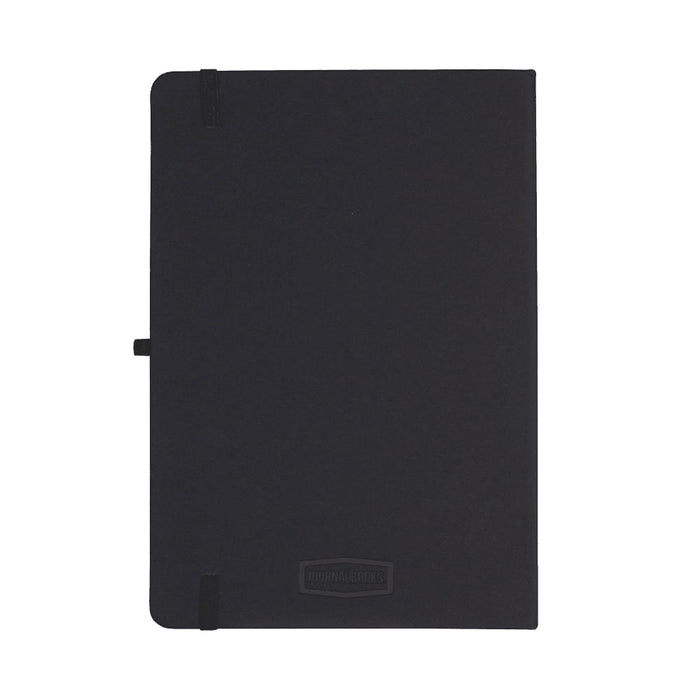 Recycled Spectrum A5 JournalBook - A black A5 journalbook with a textured cover and an elastic closure, featuring a logo on the front.