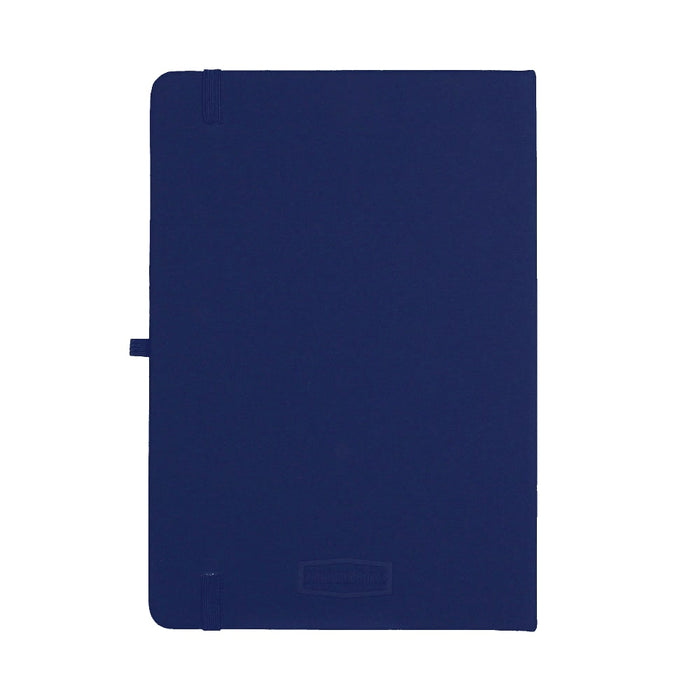 Recycled Spectrum A5 JournalBook - A navy blue A5 journal with a sleek cover and an elastic closure. It has a logo on the front.