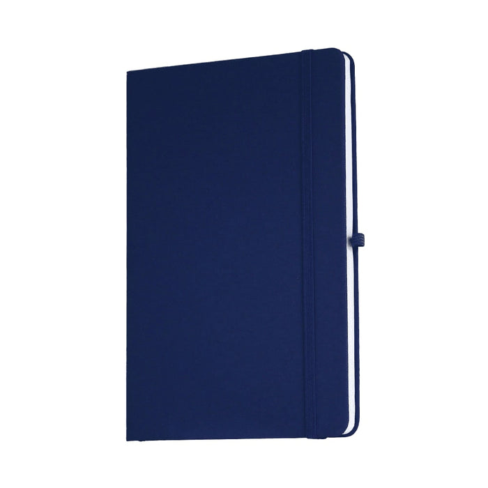 Recycled Spectrum A5 JournalBook - A navy blue A5 journal with a hardcover and an elastic band, featuring a logo on the front.