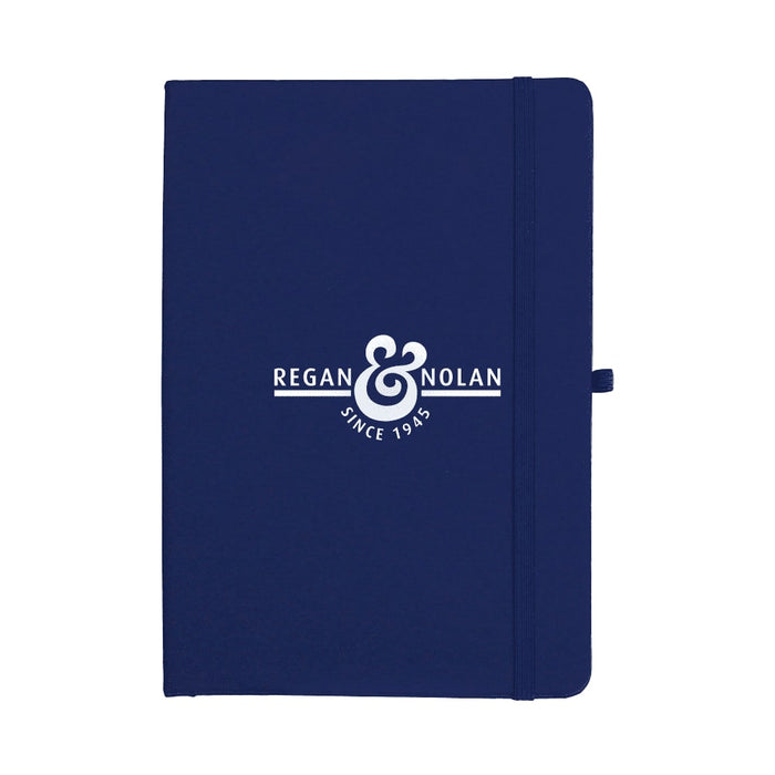 Recycled Spectrum A5 JournalBook - A navy A5 journal with an elastic closure and a logo on the front cover.