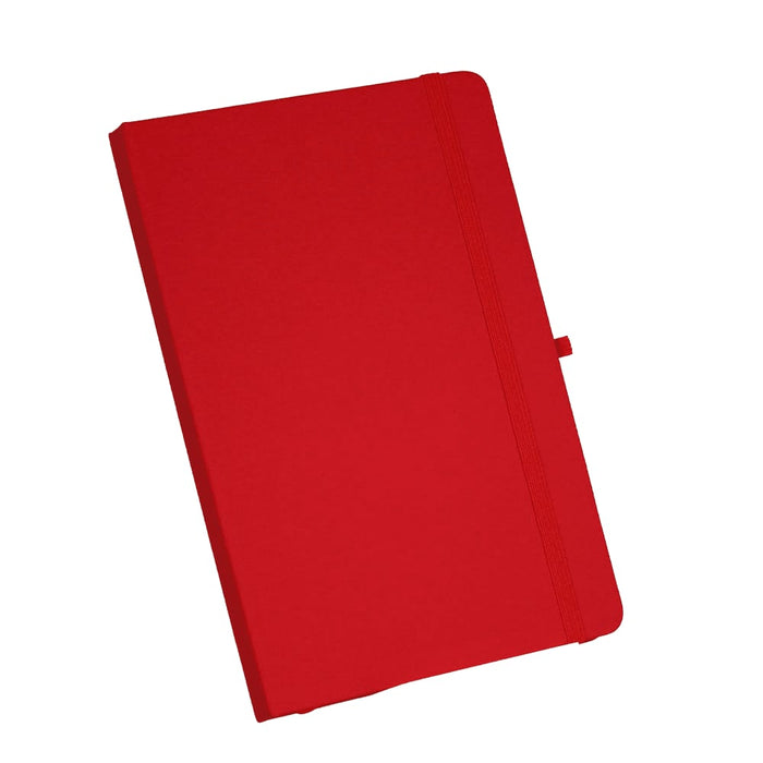 Recycled Spectrum A5 JournalBook - A red A5 journal book with an elastic closure and a logo on the cover.