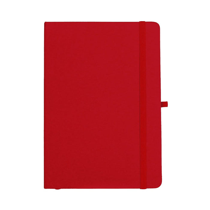 Recycled Spectrum A5 JournalBook - A red A5 journal with a matching elastic band closure and a bookmark, featuring a logo on the cover.