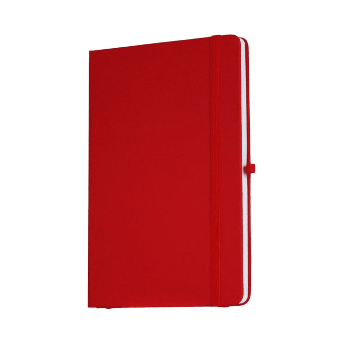 Recycled Spectrum A5 JournalBook - A red A5 journal with a hardcover and an elastic band closure, featuring a logo on the front.