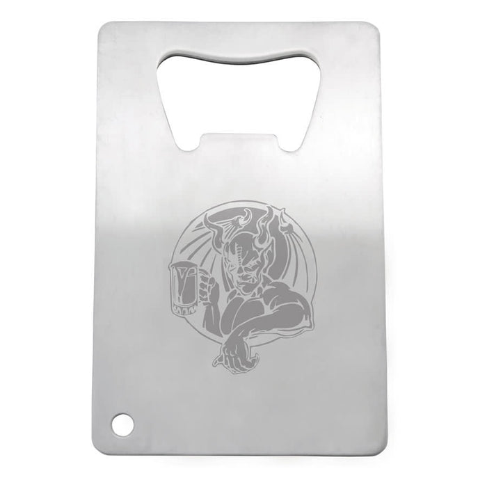 Stainless Credit Card Bottle Opener - A stainless steel credit card-sized bottle opener features a detailed engraved design on its surface and a circular hole.