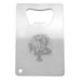 Stainless Credit Card Bottle Opener - A stainless steel credit card-sized bottle opener features a detailed engraved design on its surface and a circular hole.