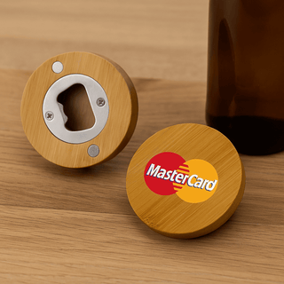 Round Bamboo Bottle Opener - A round bamboo bottle opener in natural wood with a silver metal opener and a branding logo on one side.