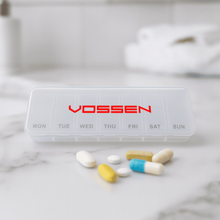 Doctor Pill Box - A transparent pill box with compartments for each day of the week, featuring various coloured pills beside it. It has a logo.