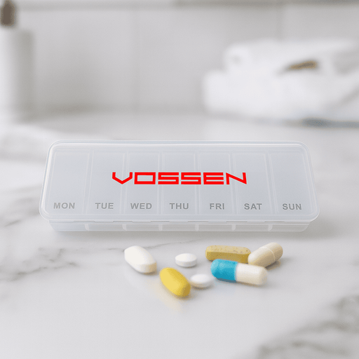 Doctor Pill Box - A transparent pill box with compartments for each day of the week, featuring various coloured pills beside it. It has a logo.