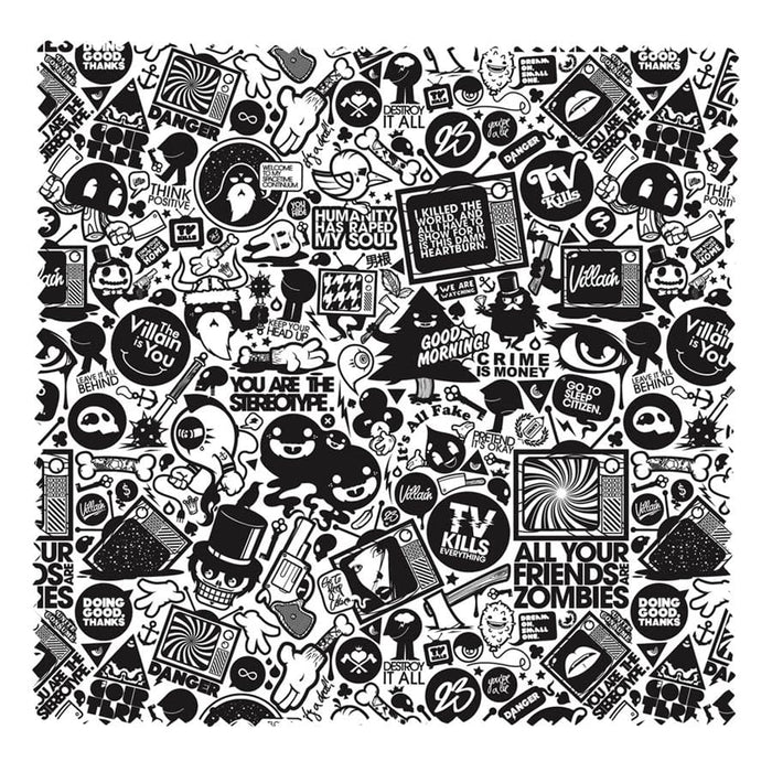 Medium Micro Fibre Cloth - A medium microfibre cloth featuring a bold black and white comic-style design with various illustrations and patterns.