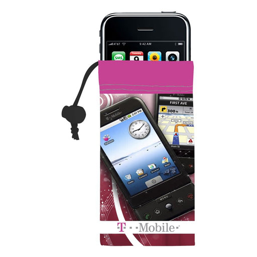 Micro Fibre Camera/Mobile Phone Pouch - A pink microfibre pouch for mobile phones and cameras, featuring images of smartphones and a logo.