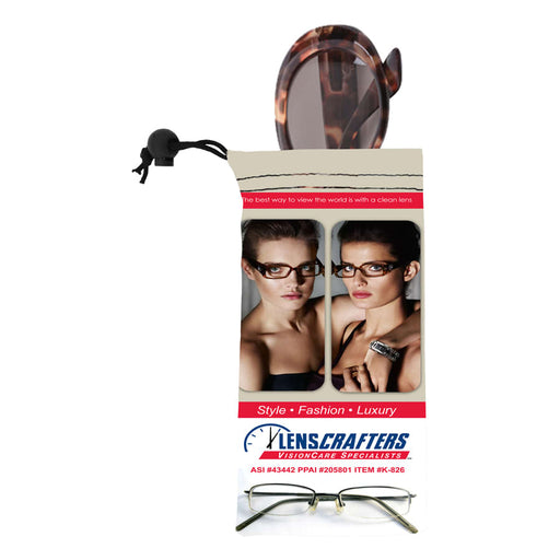Micro Fibre Sunglass Pouch - A microfibre sunglass pouch in cream and brown, featuring images of stylish eyewear and a drawstring closure.