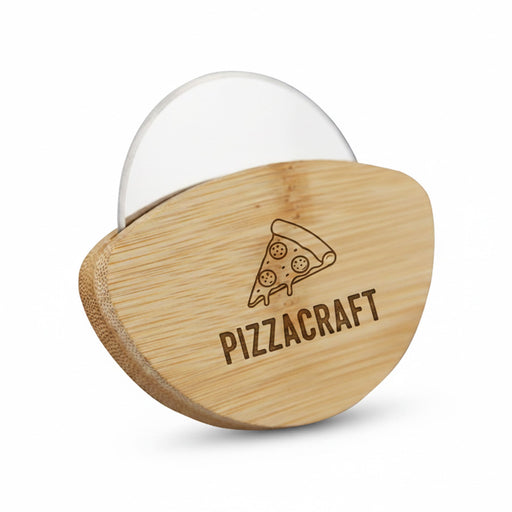 Bamboo Pizza Cutter - A bamboo pizza cutter with a rounded handle featuring a pizza graphic and a logo.