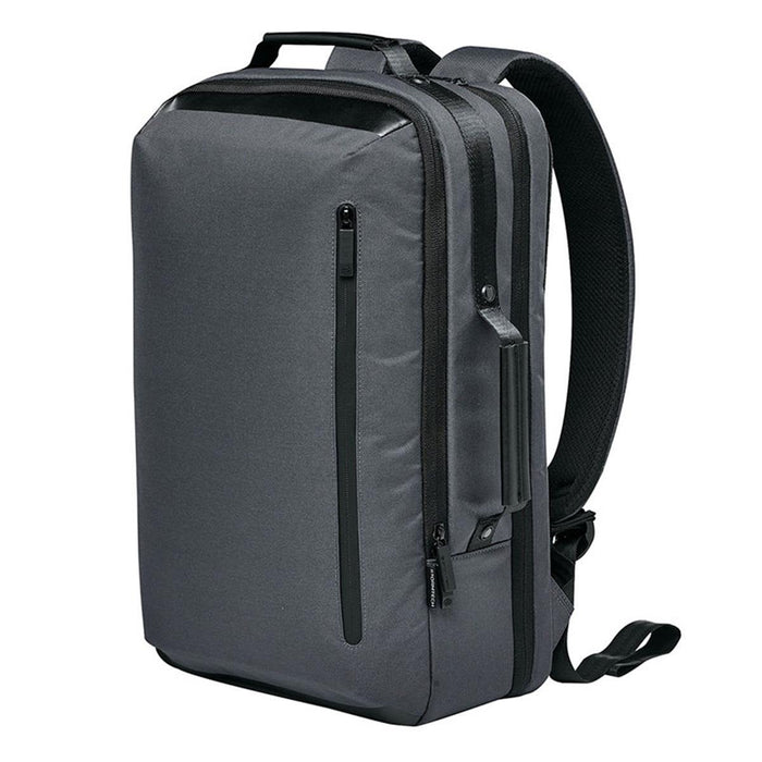 Hedmark Commuter Backpack - A sleek grey backpack with padded straps and multiple compartments, featuring a logo on the side.