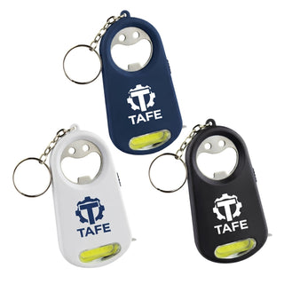 Smily Torch Tape Bottle Opener Key Ring - A drink bottle opener key ring in navy, white, and black, featuring a logo and a built-in torch.