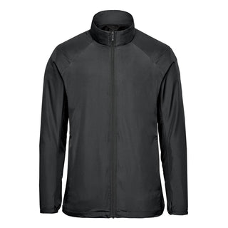 Men's Pacifica Full Zip Jacket - A black men's full zip jacket with a high collar and a sleek design. It features branding on the material.